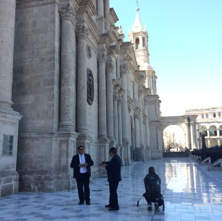 Verne sneaks up behind the security guards to snap a closer picture of Arequipa's Cathedral