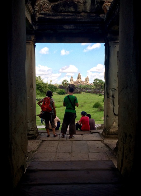 Our first view of Angkor Wat's central structure, after crossing the outer moot and wall
