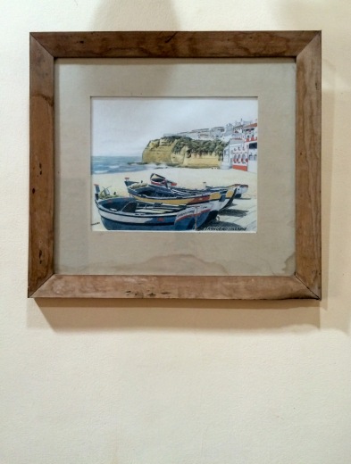 Fishing boats in Nazaré, Portugal, on the wall of our guesthouse in north Goa